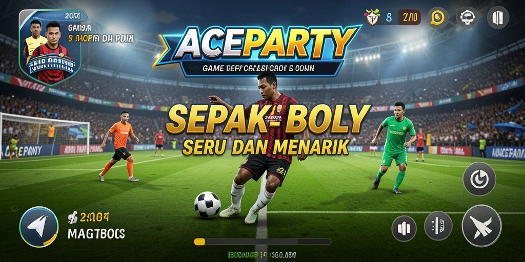 Screenshot utama <strong>ACEPARTY</strong> menampilkan aksi seru di lapangan sepak bola.