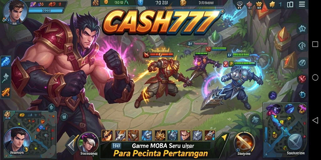Screenshot utama CASH777 menampilkan pertempuran MOBA yang seru dan intens.