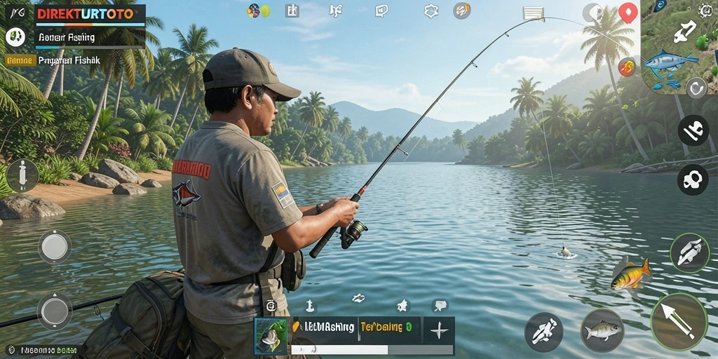 Screenshot gameplay DIREKTURTOTO menampilkan aksi memancing yang mendebarkan.