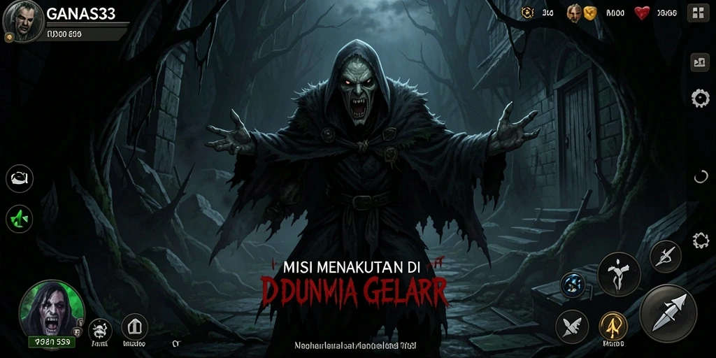 Screenshot gameplay menampilkan suasana menyeramkan dan kegelapan di GANAS33.