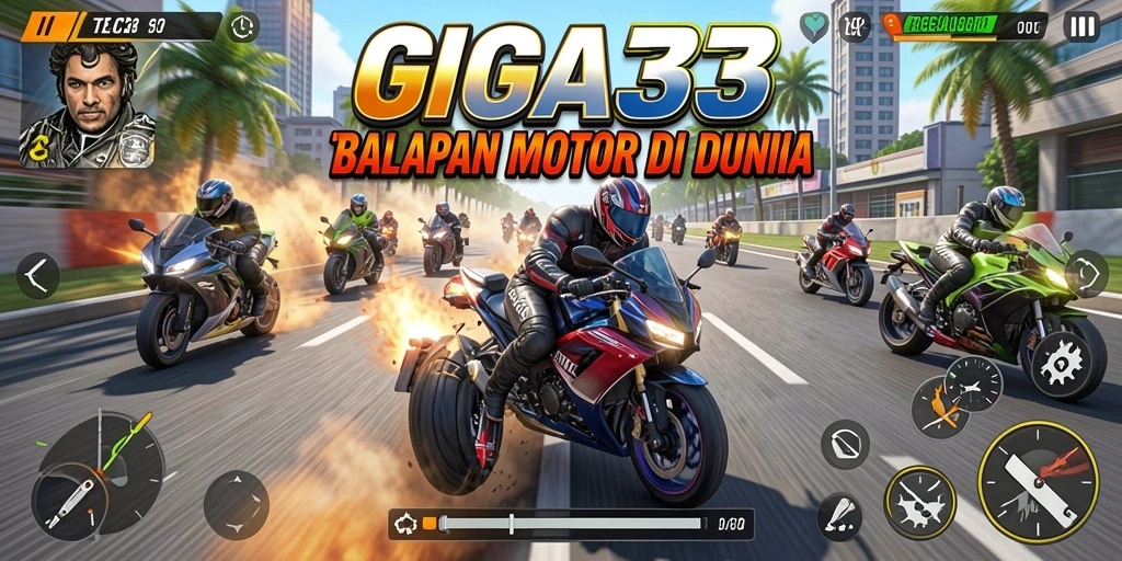 Screenshot GIGA33 menampilkan aksi balapan motor yang mendebarkan.