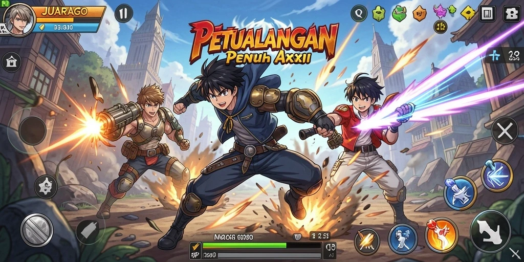 Screenshot gameplay JUARAGO menunjukkan aksi pertarungan karakter anime.