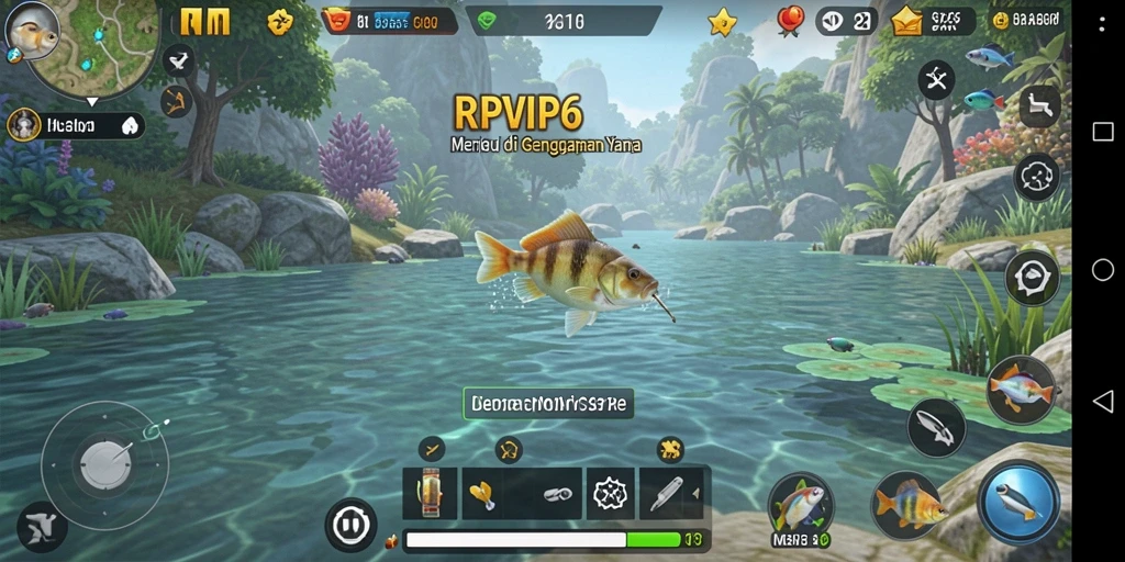 Tampilan gameplay RPVIP6 menampilkan keindahan alam saat memancing.