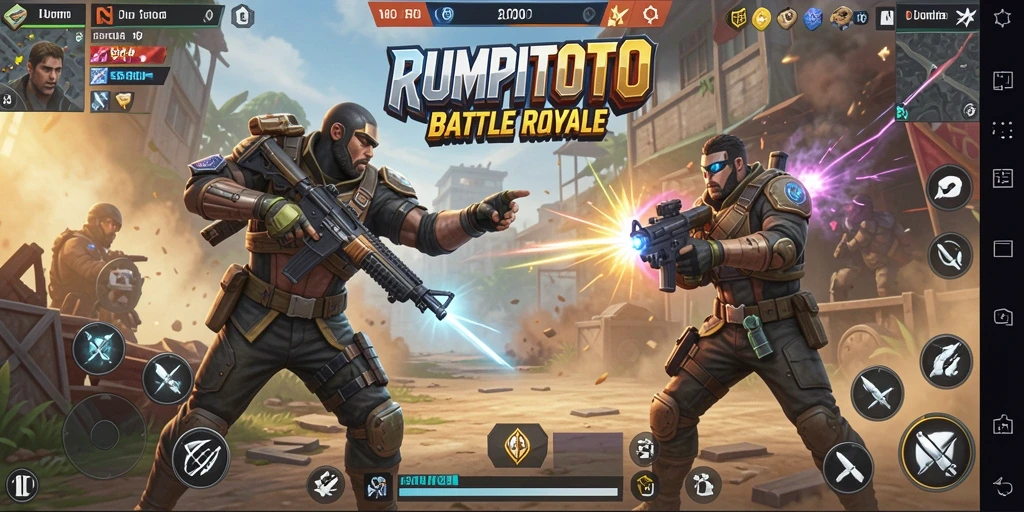 Screenshot utama RUMPITOTO menampilkan aksi seru Battle Royale.