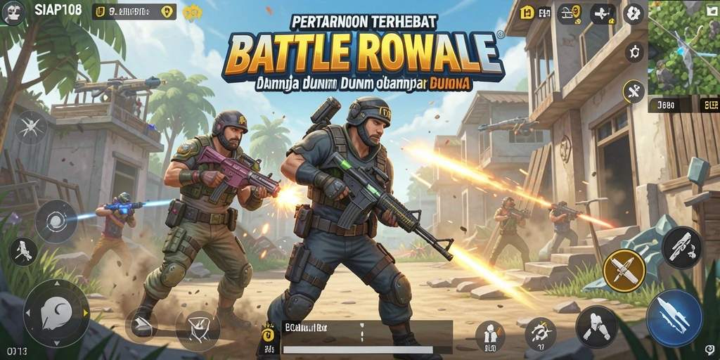 Tangkapan layar utama menunjukkan aksi intens dalam pertandingan Battle Royale.