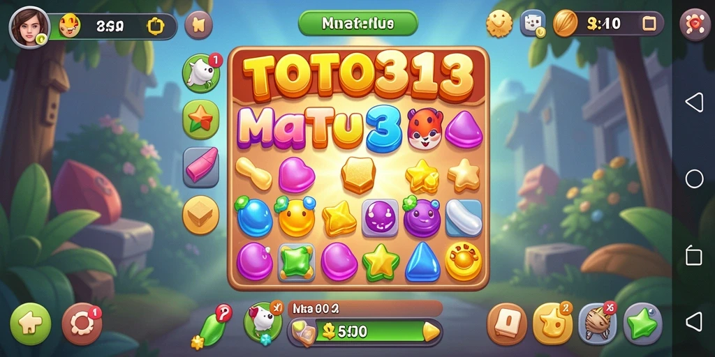 Screenshot gameplay <strong>TOTO313</strong> dengan elemen match-3 yang cerah dan menarik.