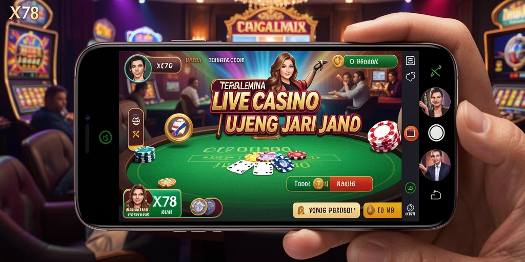 Screenshot gameplay X78 menampilkan dealer langsung dan suasana kasino yang ceria.